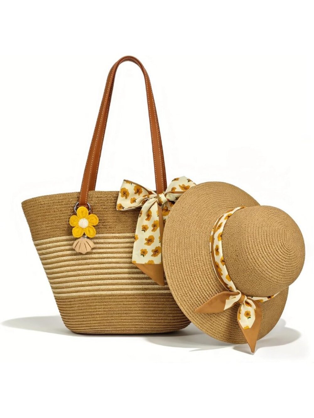 Wide Brim Straw Sun Hat & Woven Tote Bag Set - UPF Protection for Women
